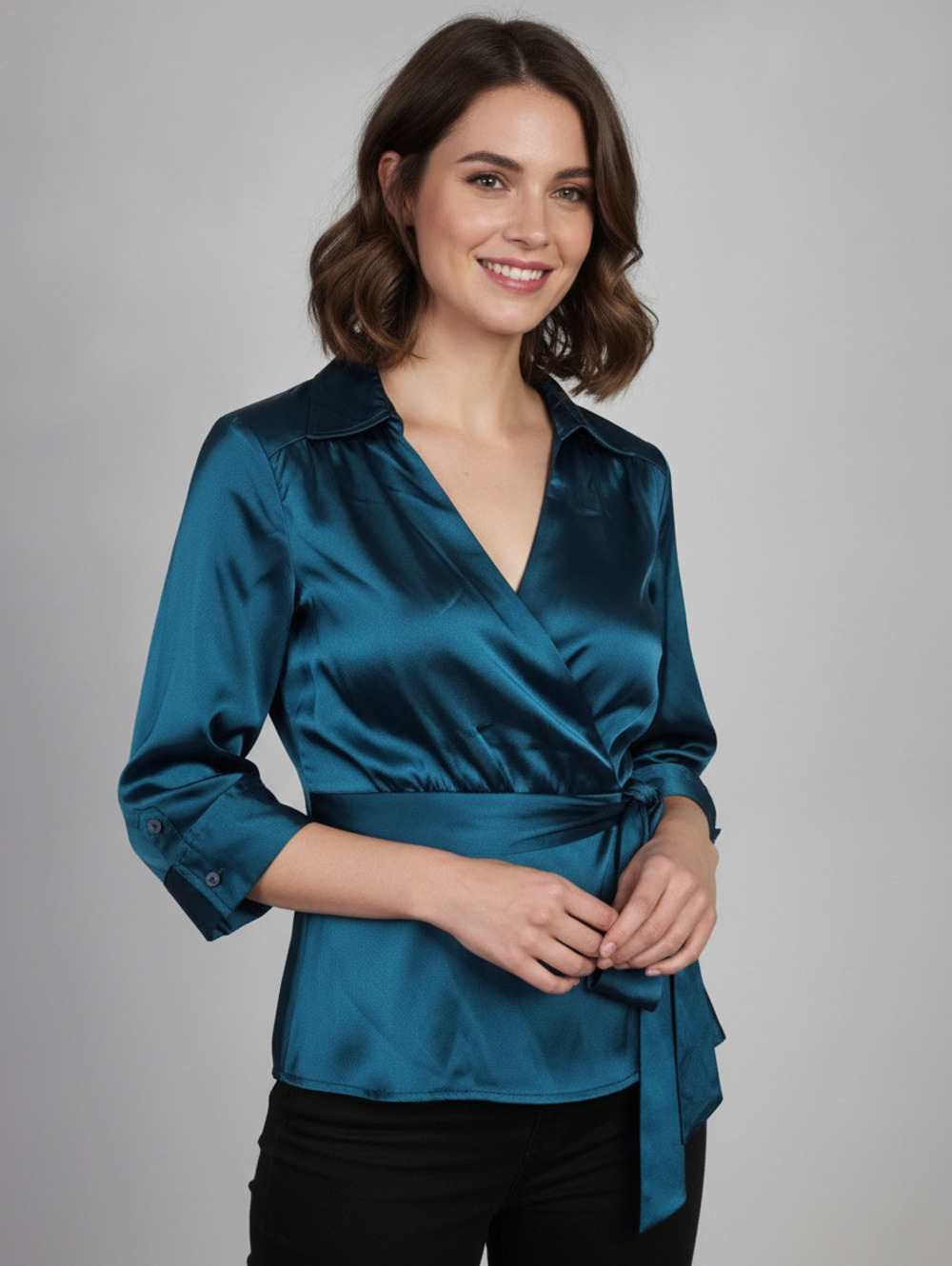 I.N. Studio Petite Teal Satin Wrap Blouse PM Medium